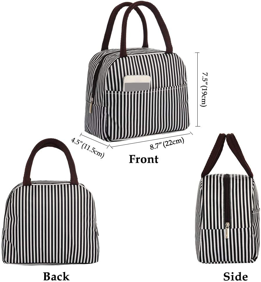Small Lunch Bags for Women Kids, Girls Boys Reusable Lunch Organizer Box Insulated Lunch Tote Bag for Work School Outdoors Picnic(Black Stripe Brown Handle)