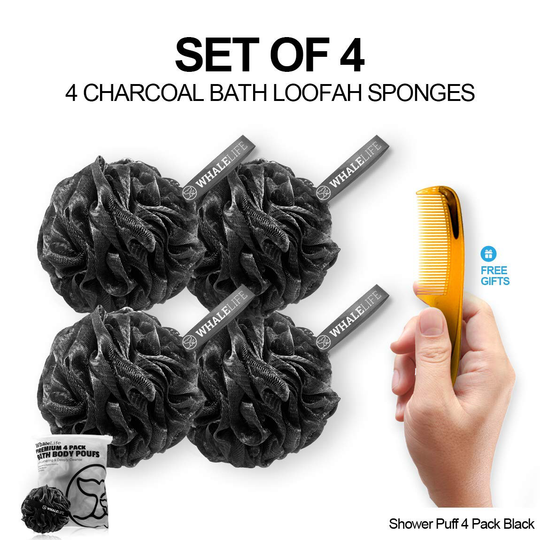 Shower Puff 4 Pack Black Bath Sponge Shower Loofahs Pouf Ball Nature Bamboo Charcoal Mesh Bulk Puffs Large, Shower Essential Skin Care by WhaleLife