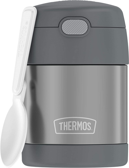THERMOS FUNTAINER 10 Ounce Stainless Steel Vacuum Insulated Kids Food Jar with Folding Spoon, Grey