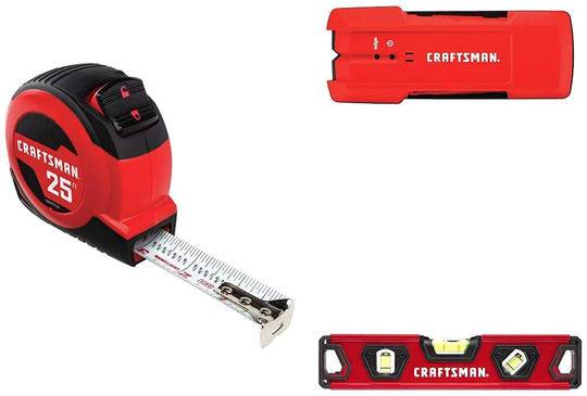 CRAFTSMAN Tape Measure, Self-Lock, 25-Foot with Stud Finder, 3/4-Inch Depth and Torpedo Level, 9-Inch (CMHT82390, CMHT77633 & CMHT37225S)