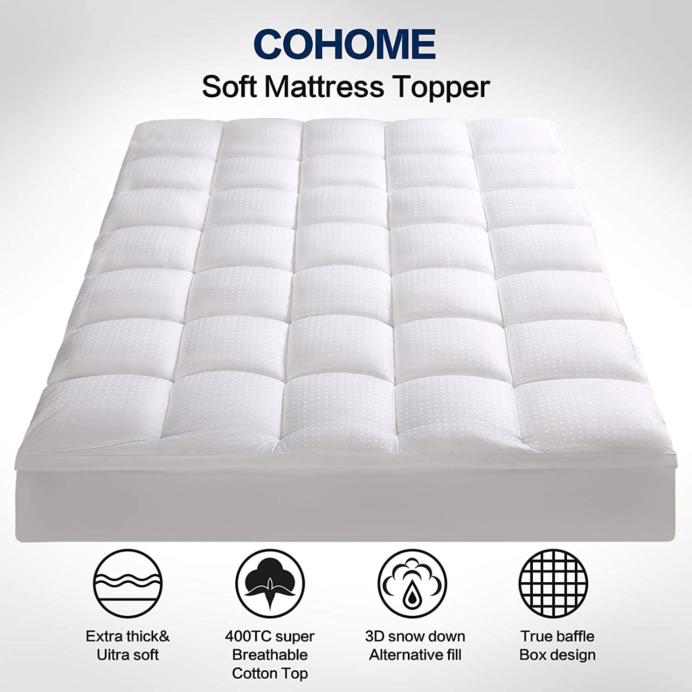 COHOME King Size Mattress Topper Extra Thick Cooling Mattress Pad 400TC Cotton Top Plush Down Alternative Fill Pillow Top Mattress Cover with 8-21 Inch Deep Pocket (78x80 Inches, White-Classic)