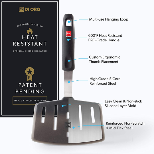 New DI ORO Designer Series Elite 3-Piece Turner Spatula Set - 600F Heat-Resistant Rubber Silicone Spatulas - Includes Slotted Fish, Omelet, and Wide Slotted Turners - LFGB Certified and BPA Free