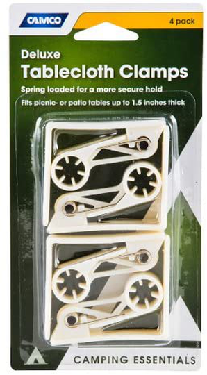Camco Deluxe Table Cloth Clamp - Secures Your Table Cloth in Place and Prevents Lifting and Sliding During Windy Weather ; Fits Standard Picnic, Patio, and Campsite Tables - Pack of 4 (51077)