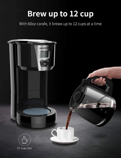 SHARDOR Drip Coffee Maker, 12 Cup Programmable Brew Coffee Machine 3.0, Automatic Start and Shut Off, Brew Strength Control, Warming Plate, Glass Carafe, 60oz, Black