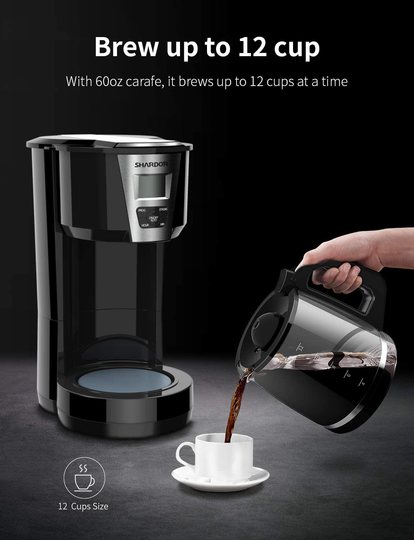 SHARDOR Drip Coffee Maker, 12 Cup Programmable Brew Coffee Machine 3.0, Automatic Start and Shut Off, Brew Strength Control, Warming Plate, Glass Carafe, 60oz, Black