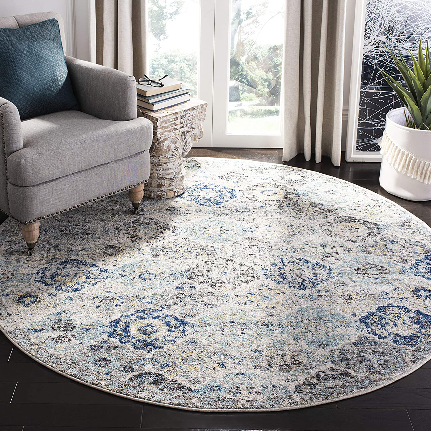 Safavieh Madison Collection MAD611A Boho Chic Floral Medallion Trellis Distressed Non-Shedding Stain Resistant Living Room Bedroom Area Rug, 3' x 3' Round, Ivory / Aqua