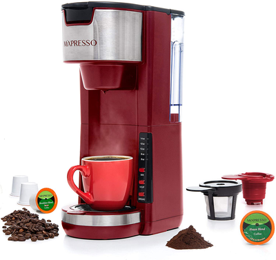 Mixpresso Single Serve 2 in 1 Coffee Brewer K-Cup Pods Compatible & Ground Coffee,Compact Coffee Maker Single Serve With 30 oz Detachable Reservoir, 5 Brew Size and Adjustable Drip Tray (Red)