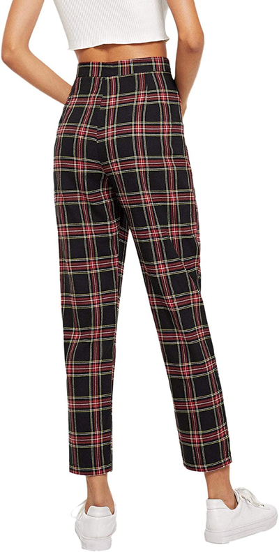 Milumia Women's Casual Mid Waist Plaid Zip Side Pants