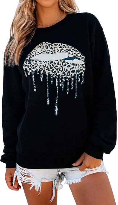 VIMPUNEC Womens Leopard Lips Long Sleeve Tops Oversized Crewneck Sweatshirt