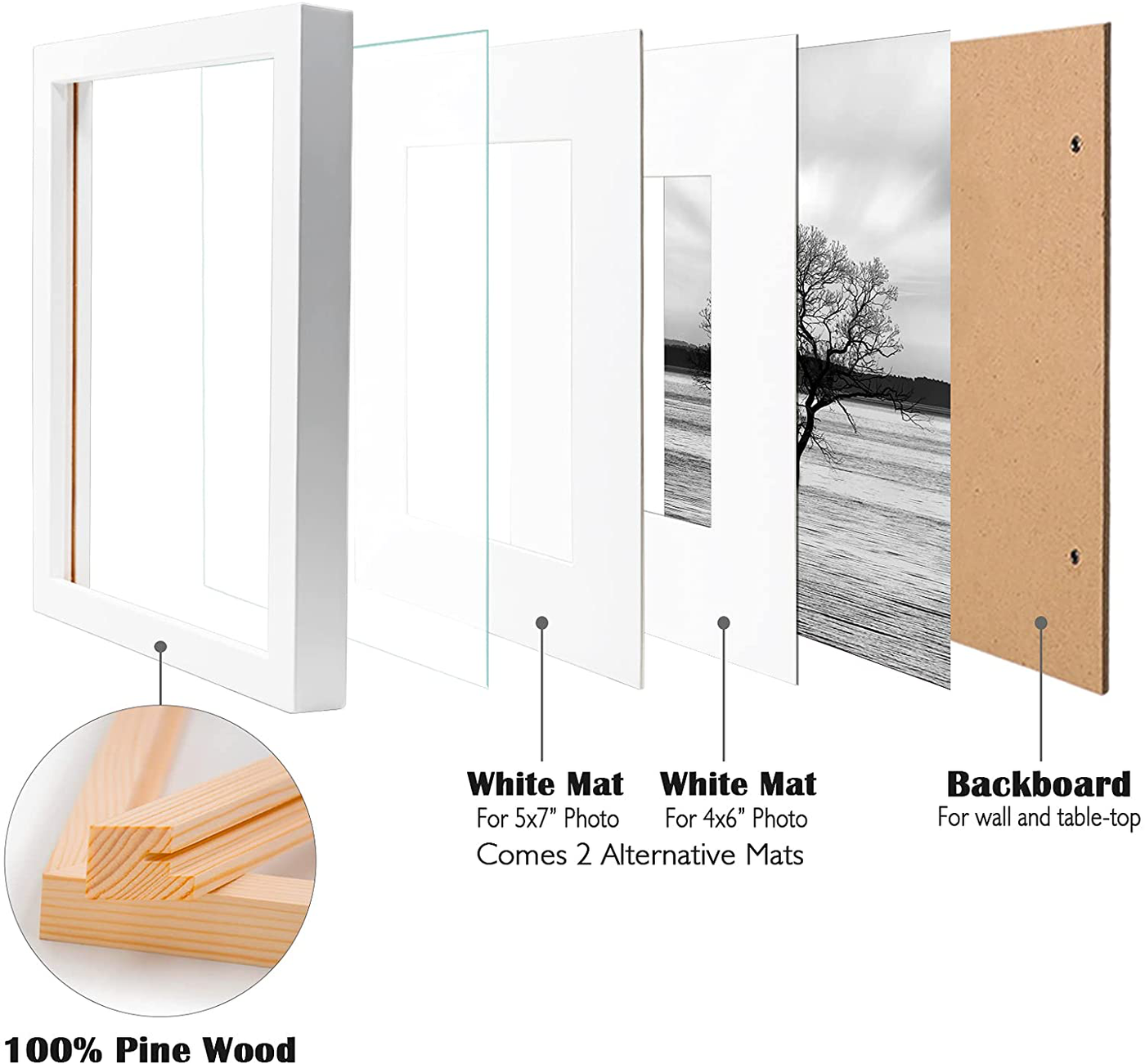 Egofine 8x10 Picture Frames 4 PCS, Made of Solid Wood Display 4x6 and 5x7 with Mat or 8x10' without Mat, for Table Top Display and Wall Mounting Photo Frame White