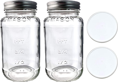 Mason Jars 24oz - Regular Mouth Mason Storage Jars with Lids (set of 2) Made in the USA - Mason Jars with Plastic Mason Jar Lids (24 ounce, white)