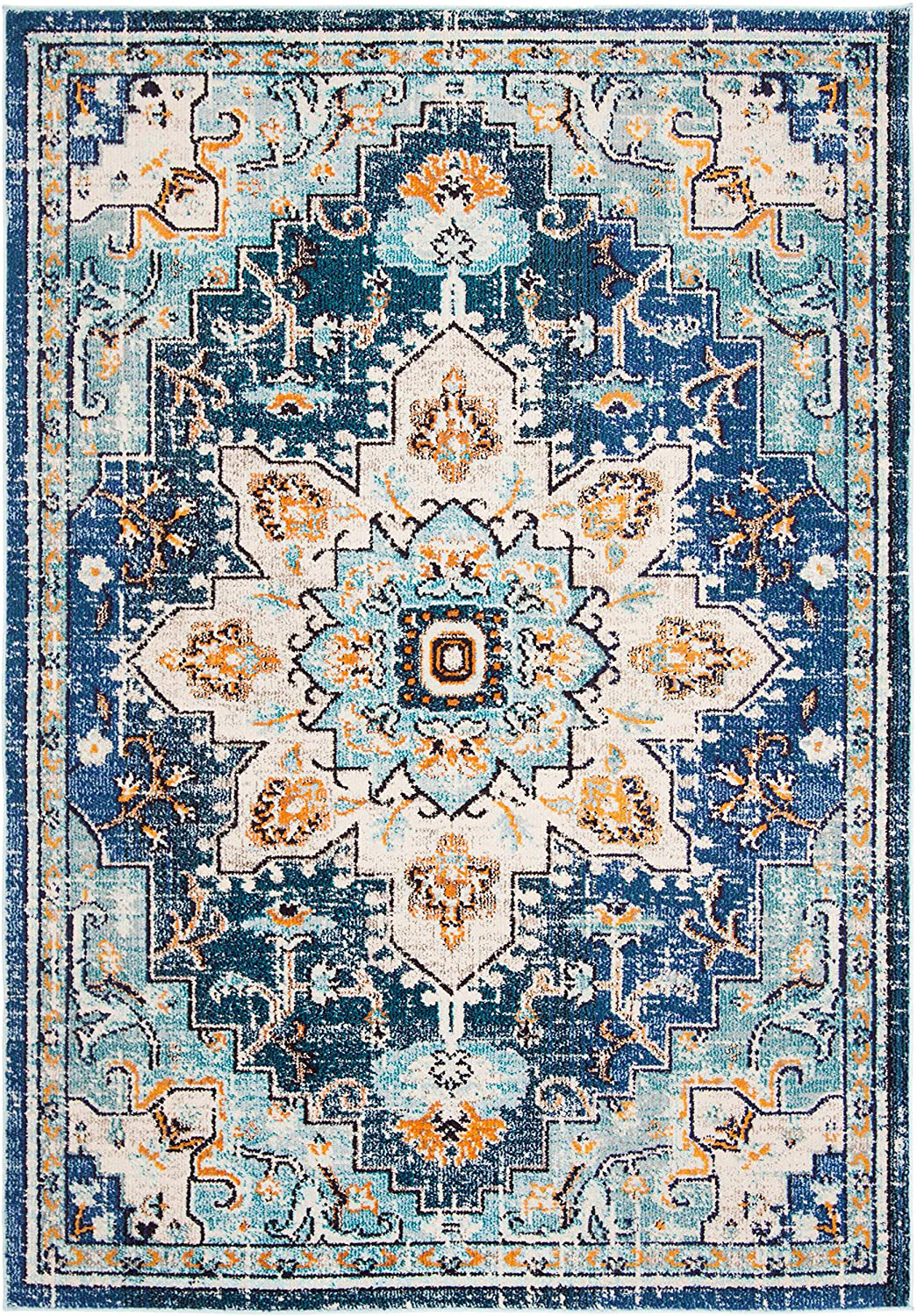 Safavieh Madison Collection MAD473M Boho Chic Medallion Distressed Non-Shedding Stain Resistant Living Room Bedroom Accent Rug, 2'2" x 4', Blue / Light Blue