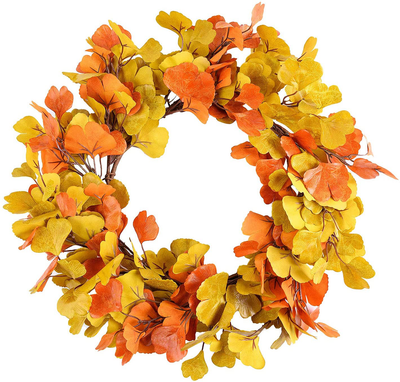 Foeyyir Autumn Wreath, 18 Inch, Maple Leaf Wreath for Front Door with Artificial Ginkgo Leaves, Halloween Decor, Harvest Fall Thanksgivings