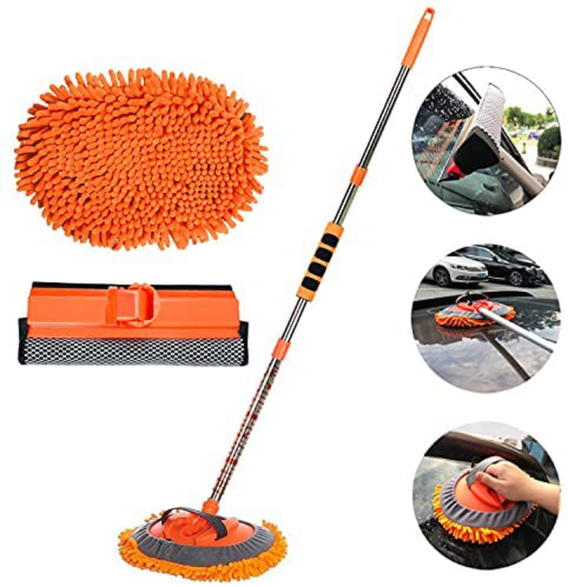 AgiiMan Car Wash Brush with Long Handle - 3 in 1 Car Cleaning Mop, Chenille Microfiber Mitt Set, Adjustable Length 24in-43in Glass Scrabber Vehicle Cleaner Kit, Green