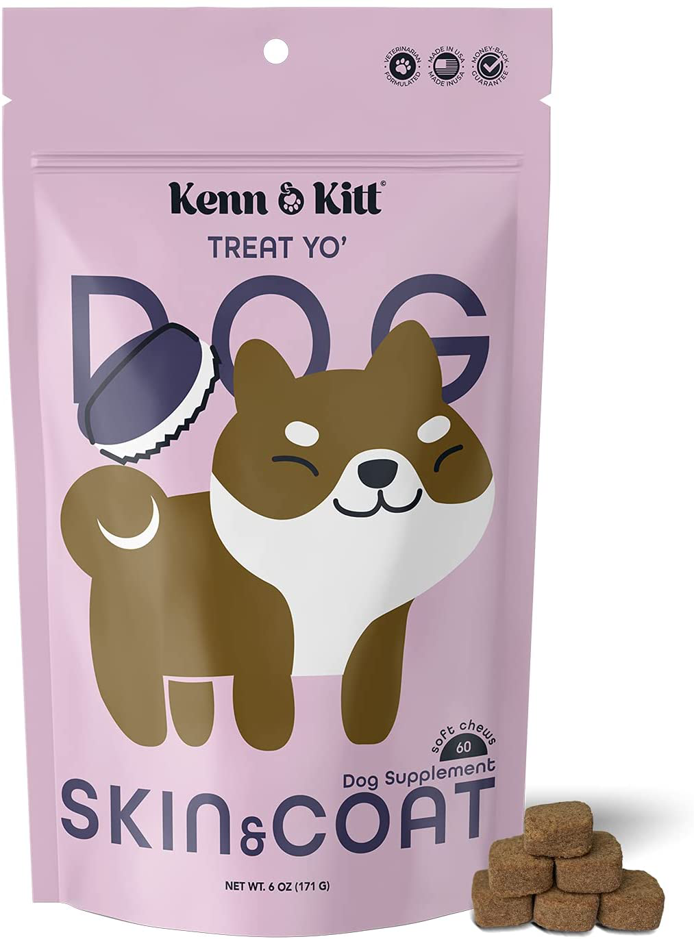 Kenn & Kitt Skin and Coat | Reduces Shedding & Hydrates the Skin With Salmon Oil For Dogs | Omega 3 & 6 Dog Skin and Coat Supplement | Dog Itchy Skin Preventative | Dog Coat Supplement | 60 Soft Chews