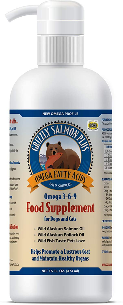 Grizzly Salmon Plus Omega Fatty Acids Food Supplement for Dogs & Cats (Various Sizes) - Wild-Sourced Salmon Oil, Omega 3-6-9, Made in USA