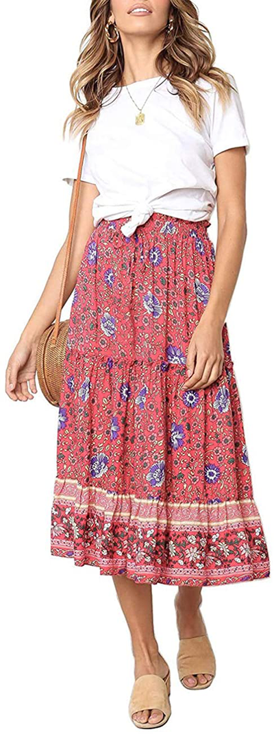 MEROKEETY Women's Boho Floral Print Elastic High Waist Pleated A Line Midi Skirt