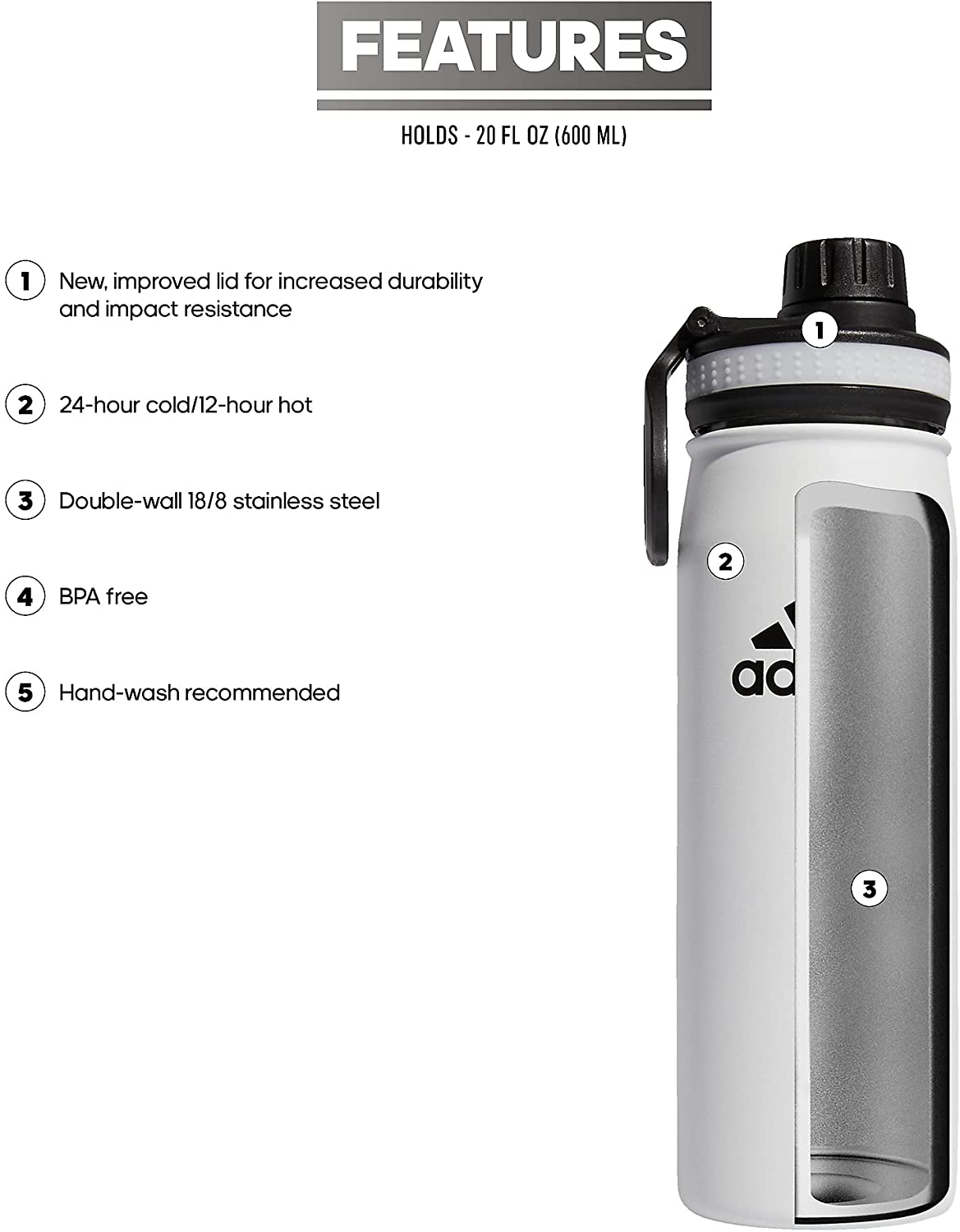 adidas 600 ML (20 oz) Metal Water Bottle, Hot/Cold Double-Walled Insulated 18/8 Stainless Steel