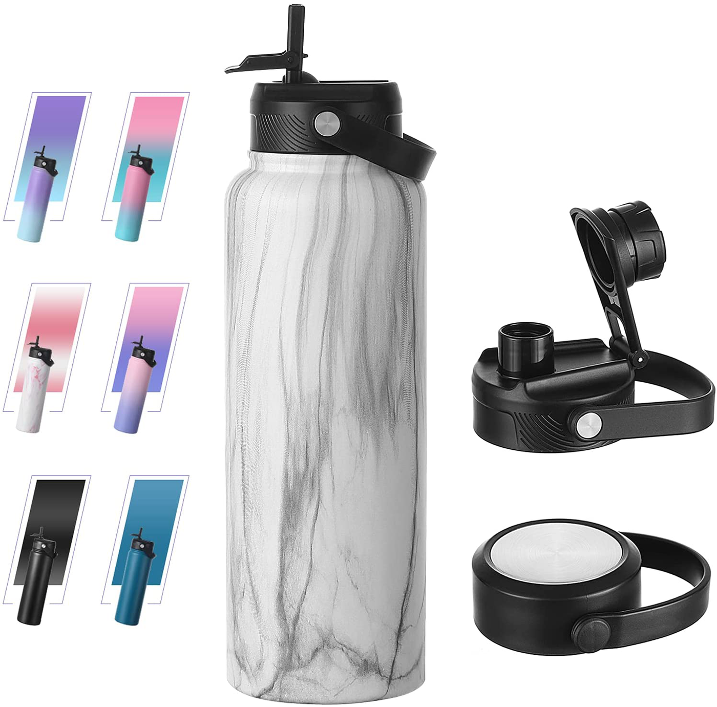 Bluego 32oz Stainless Steel Water Bottle with 3 Lids -Straw-Spout-Handle Lids, Vacuum Wide Mouth Reusable Metal Water Bottles,Keeps Hot and Cold Leak-Proof Sports Flask-PinkBule