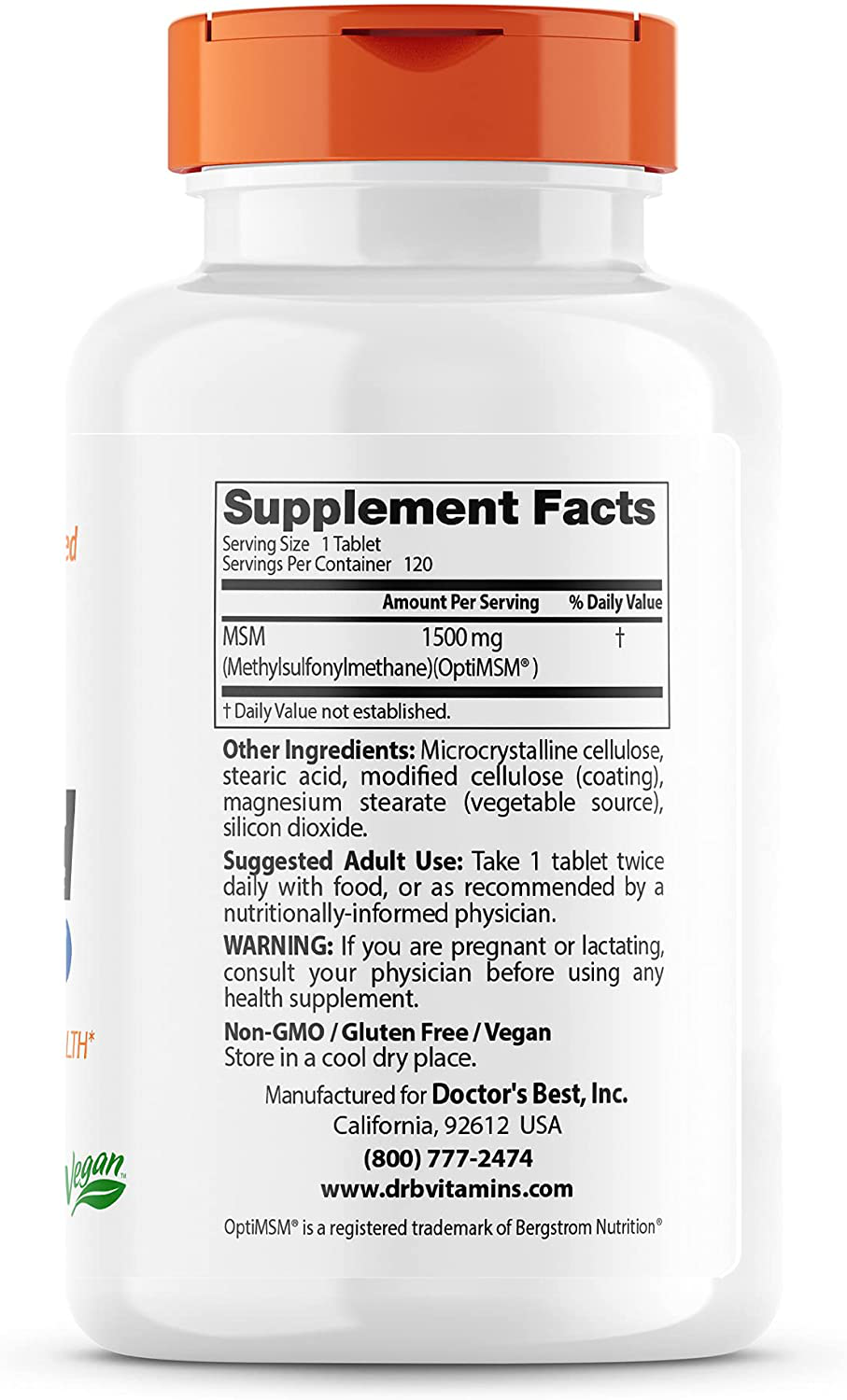 Doctor's Best MSM with OptiMSM, Non-GMO, Gluten Free, Joint Support, 1500 mg, 120 Tablets (DRB-00097)