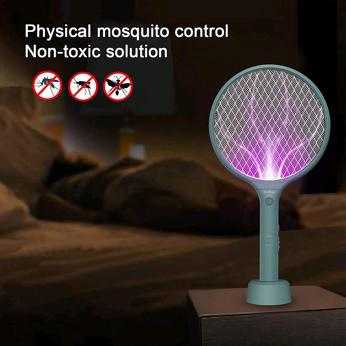 Endbug Bug Zapper Lamp & Fly Swatter Racket 2 in 1, USB Rechargeable Electric Mosquito Fly Gnat Killer for Home Indoor Outdoor (Dark Navy)