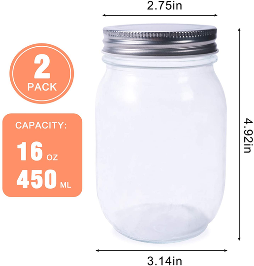 2 or 6 Pack Glass Regular Mouth Mason Jar Silver Metal Lids plus Plastic Lids Pint Mason Jar Ideal for Canning
