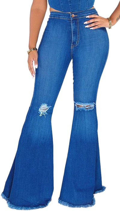 Bell Bottom Jeans for Women Elastic Skinny Ripped Hole Classic Denim Pants