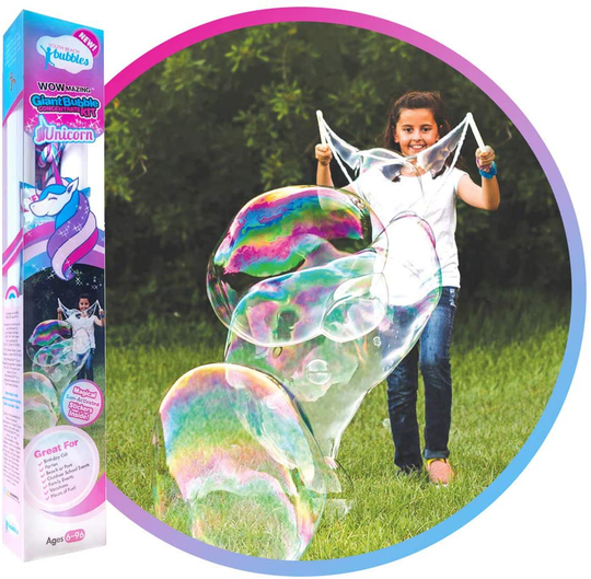 WOWMAZING Giant Bubble Kit: Unicorn - Incl. Wand, 2 Big Bubble Concentrate Pouches and 8 Sun-Activated Magical Stickers | Outdoor Toy for Kids, Girls | Bubbles Made in The USA - Unicorn Kit