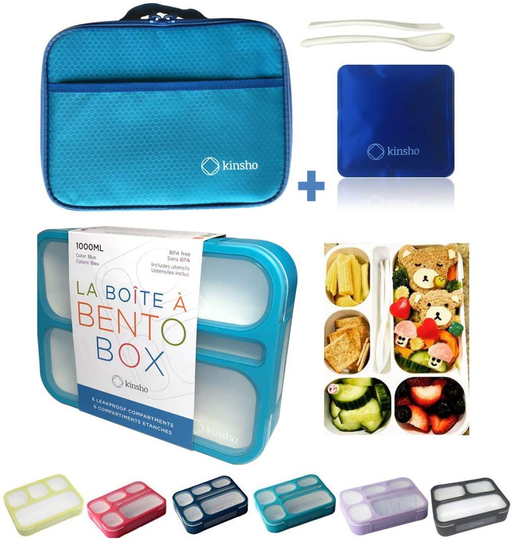 Bento-Box with Bag and Ice Pack Set. Lunch Boxes Snack Containers for Kids Boys Girls Adults. 6 Compartments, Leakproof Portion Container Boxes Insulated Bags for School Lunches, Blue