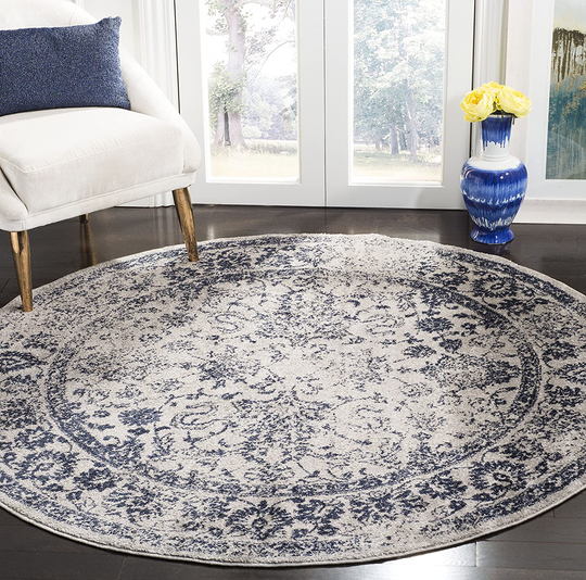 Safavieh Adirondack Collection ADR109P Oriental Distressed Non-Shedding Dining Room Entryway Foyer Living Room Bedroom Area Rug, 6' x 6' Round, Grey / Navy