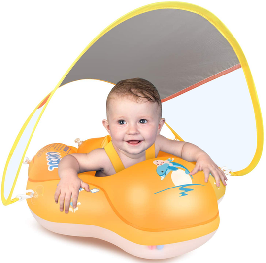 LAYCOL Baby Swimming Float Inflatable Baby Pool Float Ring Newest with Sun Protection Canopy,add Tail no flip Over for Age of 3-36 Months (Orange, L)