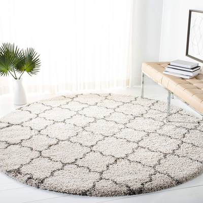 SAFAVIEH Hudson Shag Collection SGH282A Moroccan Trellis Non-Shedding Living Room Bedroom Dining Room Entryway Plush 2-inch Thick Area Rug, 5' x 5' Round, Ivory / Grey