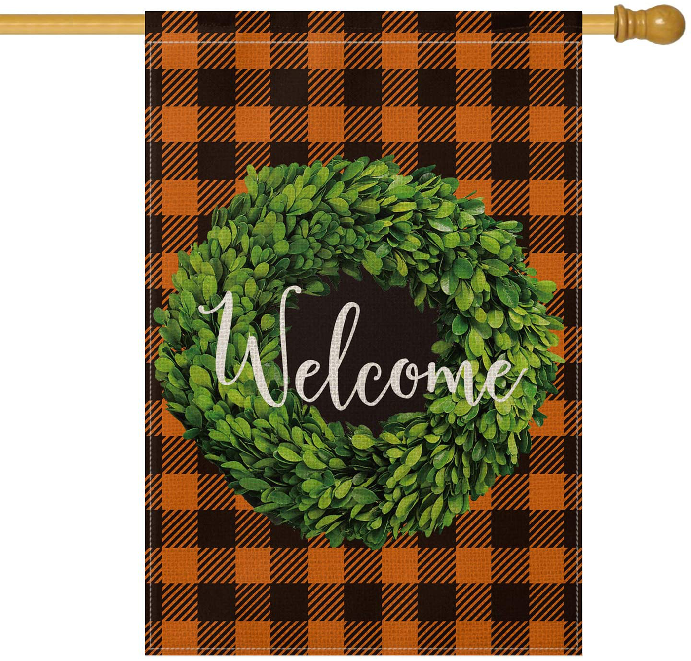 AVOIN Fall Boxwood Wreath Welcome Garden Flag Vertical Double Sided, Buffalo Check Plaid Rustic Farmhouse Flag Yard Outdoor Decoration 12.5 x 18 Inch