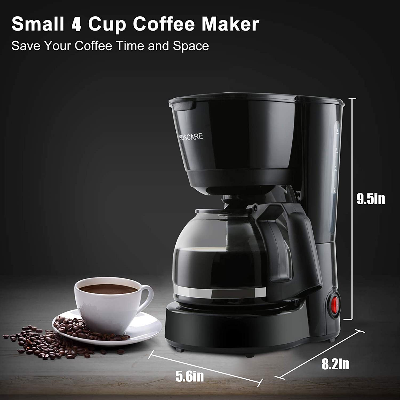 Mini 4 Cup Drip Coffee Machine with Reusable Filter & Strength Control