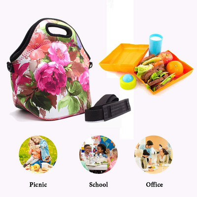 ALLENLIFE Insulated Neoprene Lunch Bag Zipper Washable Stretchy Waterproof Outdoor School Travel Picnic Tote Reusable Bags Boxes for Men Women Adults Kids (Flower)