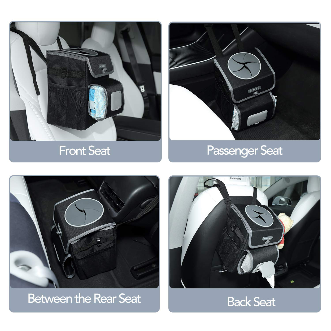 Farasla All-in-One Car Trash Can with 2 Removable Leakproof Interior Liners, Adjustable Tissue Holder & Straps