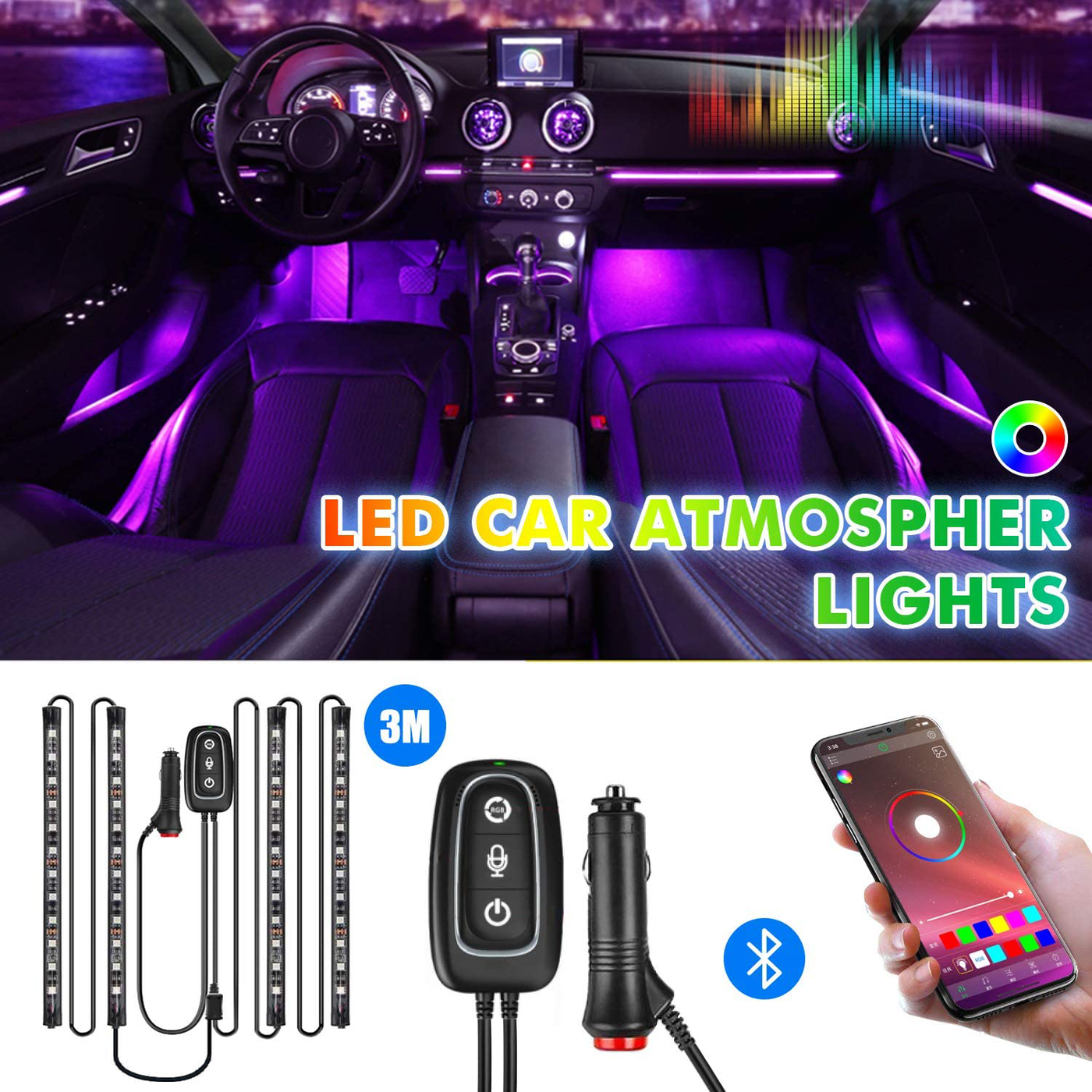 MEWTWO Car LED Strip Lights Interior ,LED Strip Lights for Cars Upgrade Two-Line Design Waterproof APP Controller Lighting Kits with Wireless Remote Control & Music Sensor, DC 12V
