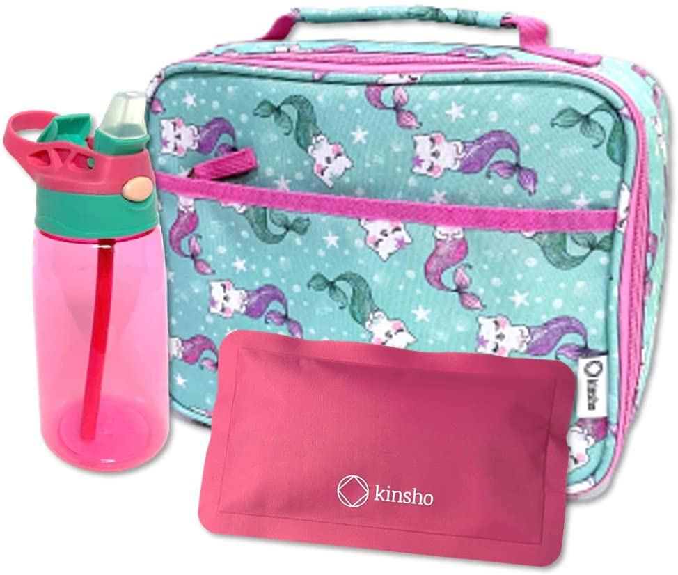 Lunch Bag for Girls with Water Bottle and Ice Pack, Cute Lunch-Box for Toddler Daycare Pre-School, Kids Container for Lunches Snacks Removable Tray, Aqua Pink Cat Mermaid