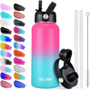 Glink Stainless Steel Water Bottle with Straw, 32oz Wide Mouth Double Wall Vacuum Insulated Water Bottle Leakproof, Straw Lid and Spout Lid with New Rotating Rubber Handle Sorbet