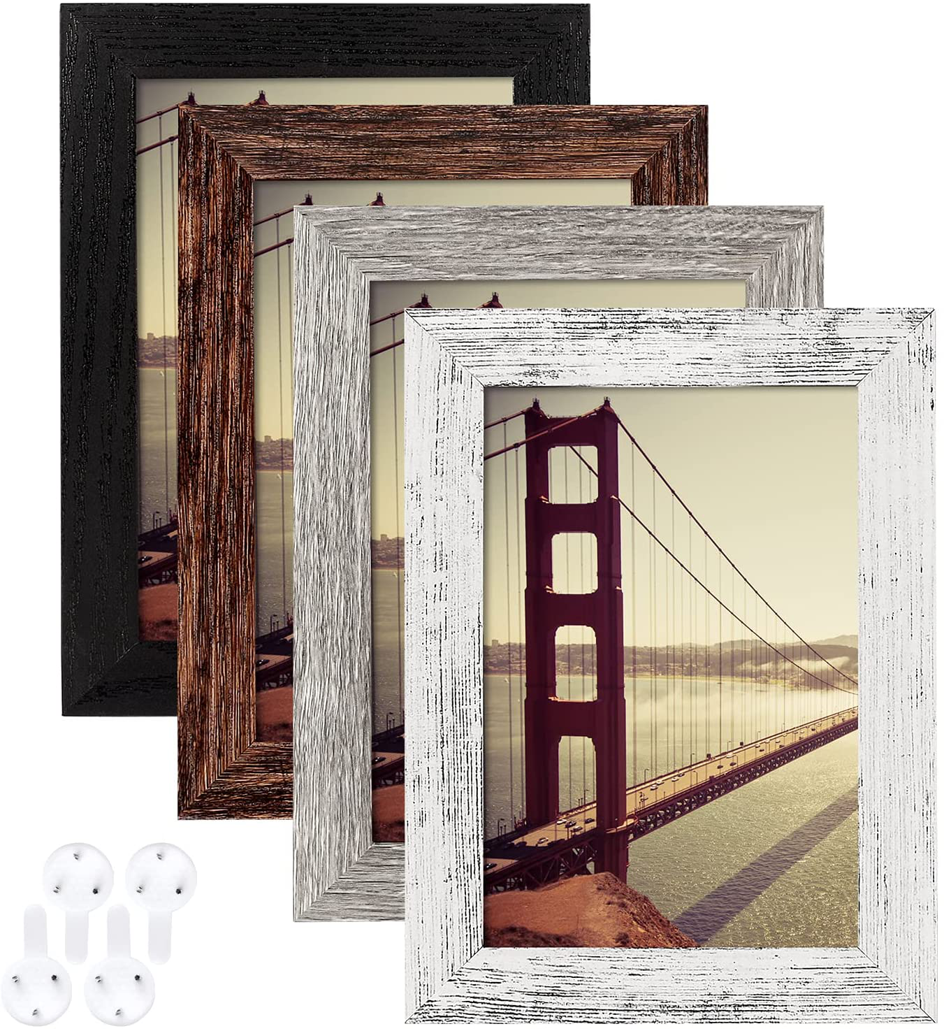 BAIJIALI 4x6 Picture Frame Rustic Brown Wood Pattern Set of 4 with Tempered Glass,Display Pictures 3.5x5 with Mat or 4x6 Without Mat, Horizontal and Vertical Formats for Wall and Table Mounting