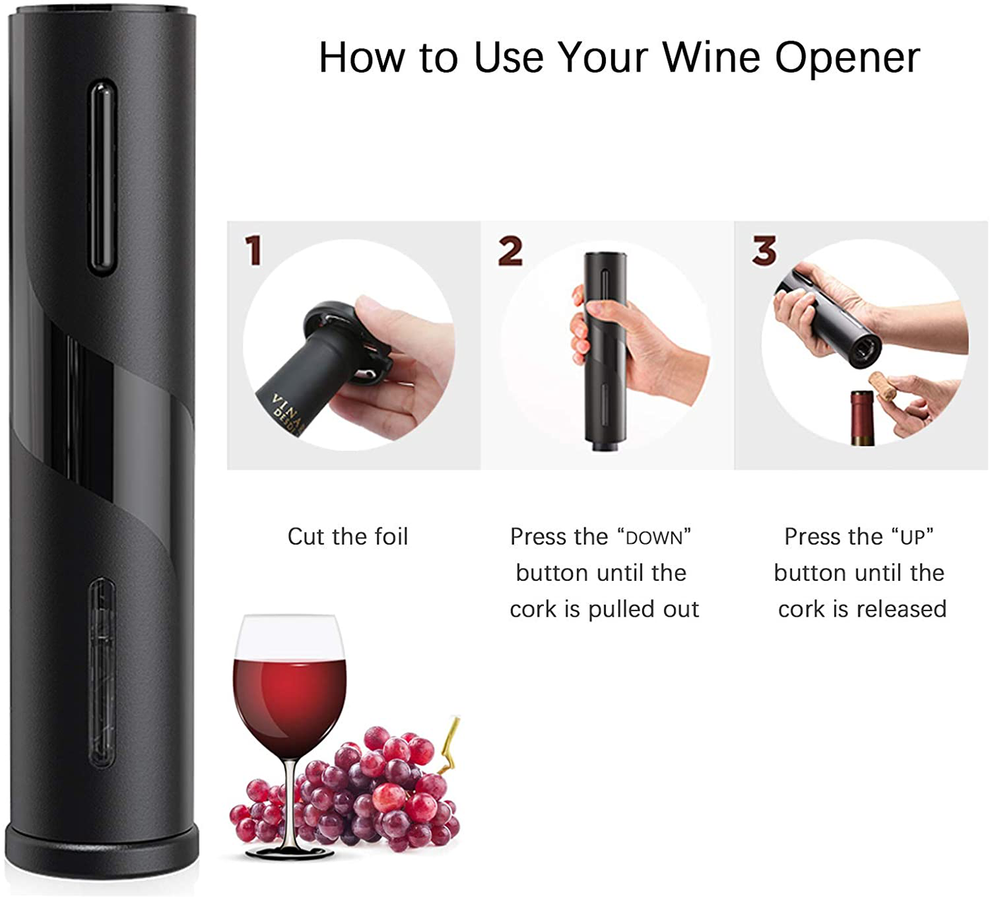 One Click Automatic Electric Wine Bottle Corkscrew Opener with Foil Cutter