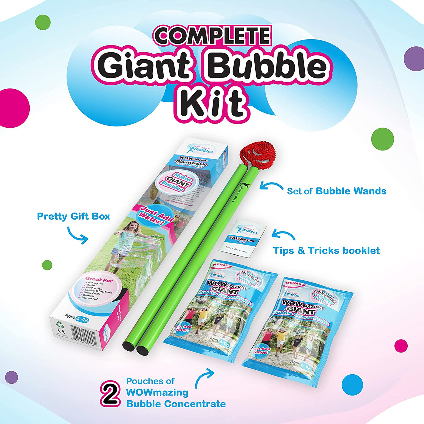 WOWMAZING Giant Bubble Kit: Kit Plus: (7-Piece Set) Great Value - Big Bubbles kit Including Big Bubble Wand and Giant Bubble Solution Concentrate. Makes 1.5 Gallon of Large Bubbles-Kit Plus