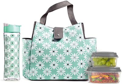 Fit & Fresh Insulated Lunch Bag Kit, includes Matching Bottle and Containers, Westport Aqua Dogwood