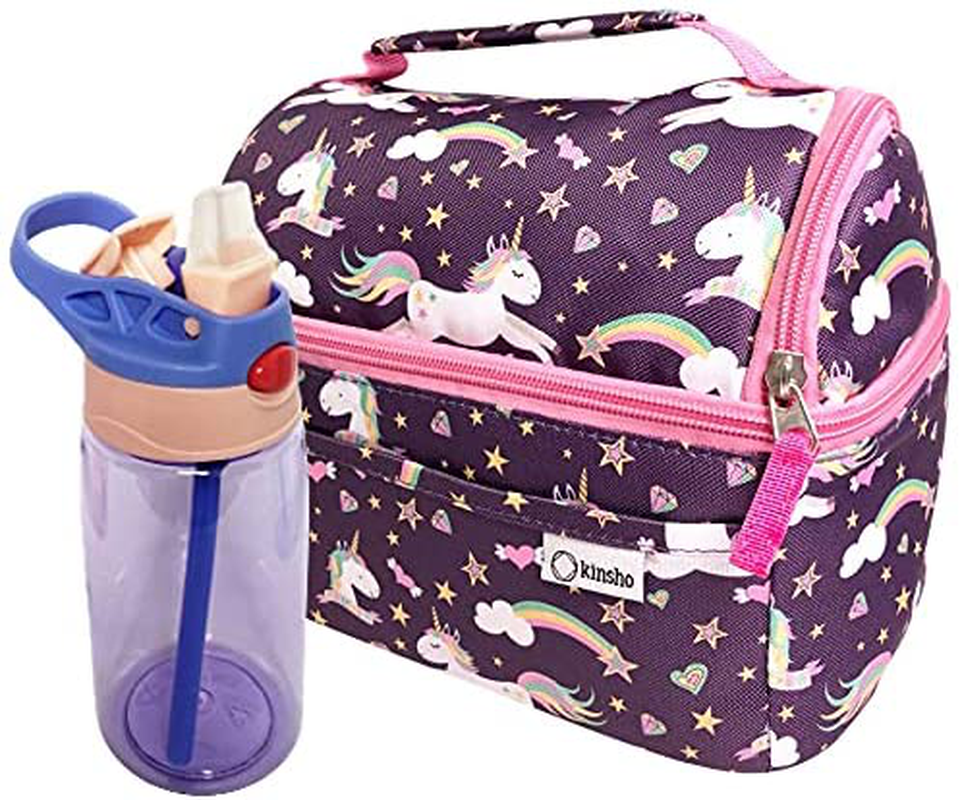 Unicorn Toddler Lunch Box & Water Bottle Set for Girls Kids, Insulated Bag for Baby Girl Daycare Pre-School Kindergarten, Container Boxes for Small Kid Snacks Lunches, 2 Compartments, Unicornio Purple