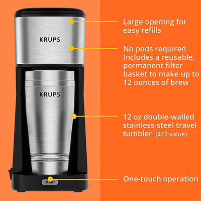 KRUPS Simply Brew to Go Single Serve Drip Coffee Maker with Travel Tumbler Included, 12 fluid ounces, Silver and Black