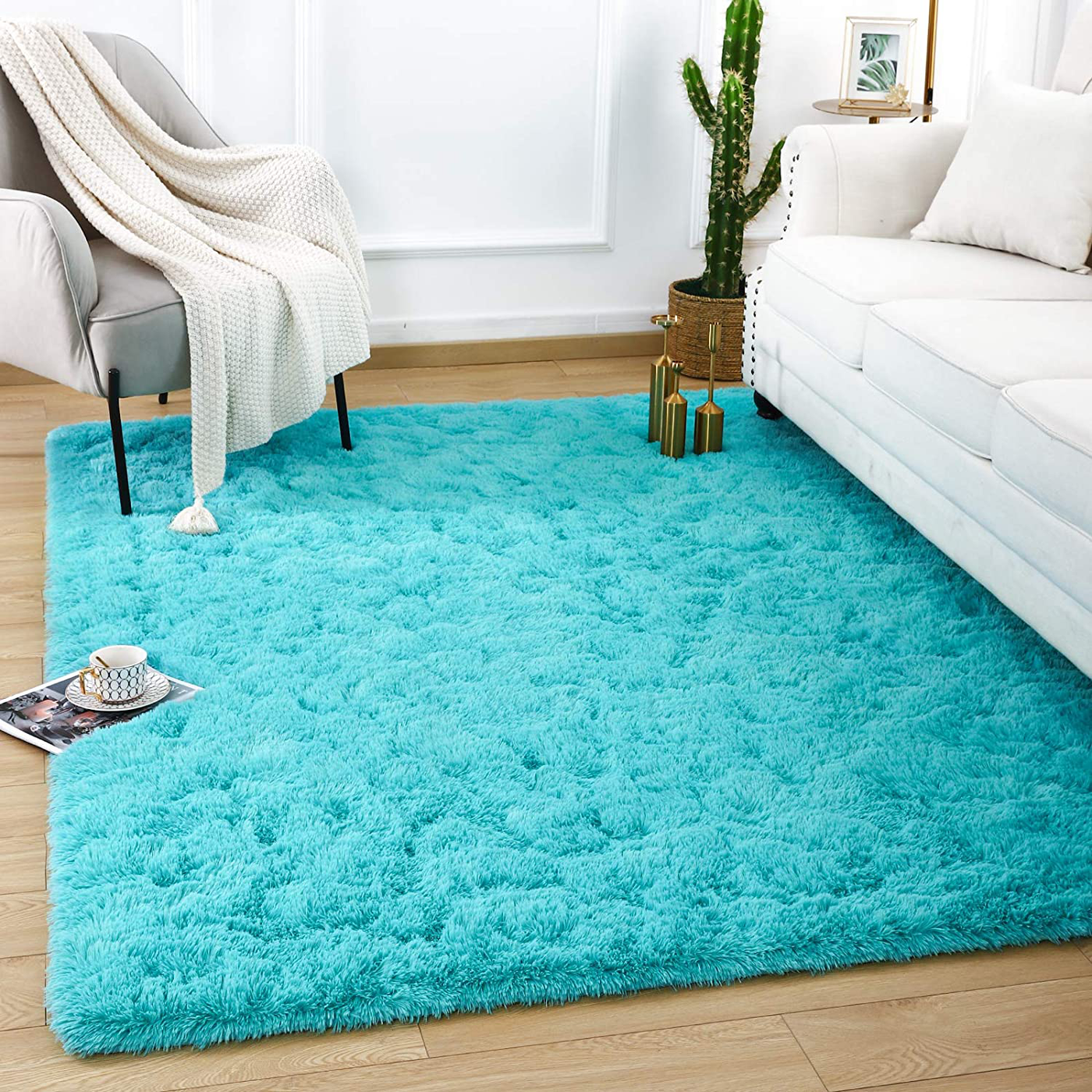 Quenlife Soft Bedroom Rug, Plush Shaggy Carpet Rug for Living Room, Fluffy Area Rug for Kids Grils Room Nursery Home Decor Fuzzy Rugs with Anti-Slip Bottom, 3 x 5ft, Teal Blue