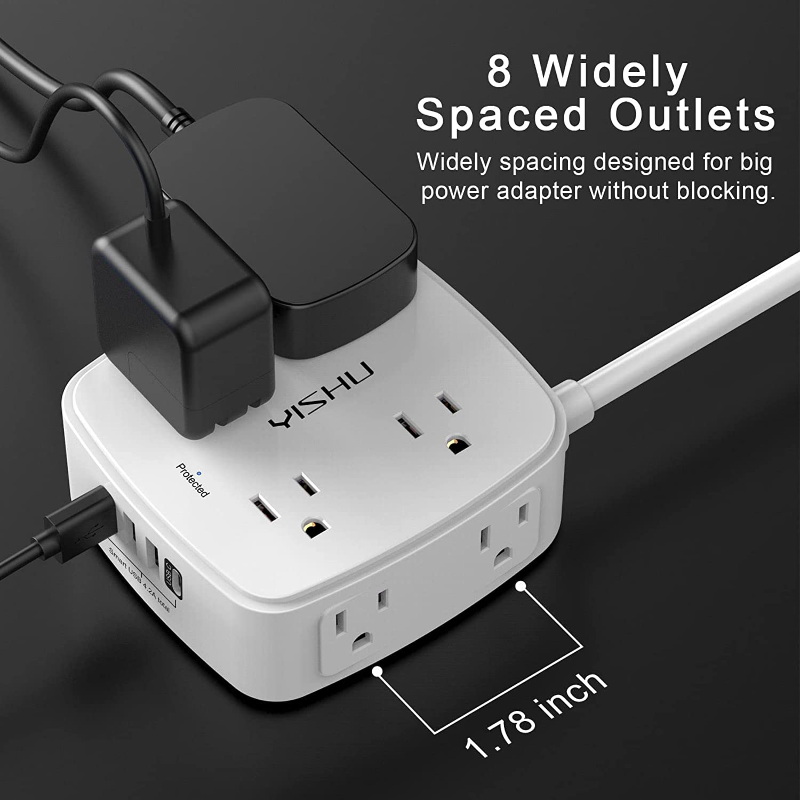 6 Ft Surge Protector Power Strip - 8 Outlets with 4 USB Ports, 3 Sided Outlet Extender with Flat Wall Plug