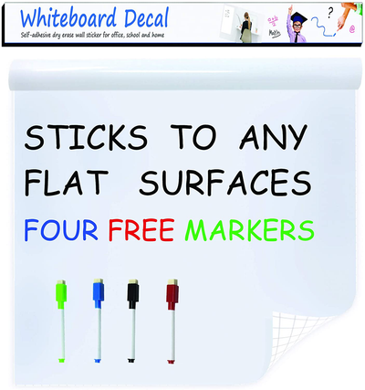 Extra Large Whiteboard Decal Sticker, Self-Adhesive Paper Message Board (6.5 FEET) Peel and Stick Wallpaper with 4 Dry Erase Markers, Size 17.7” X 78.7”