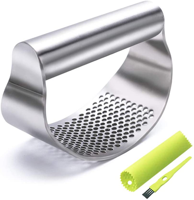 GuDoQi Garlic Press Stainless Steel, Garlic Chooper, Dishwasher Safe, Ergonomic Handle Garlic Mincer, Including Silicone Peeler, Cleaning Brush, Funny Kitchen Tools