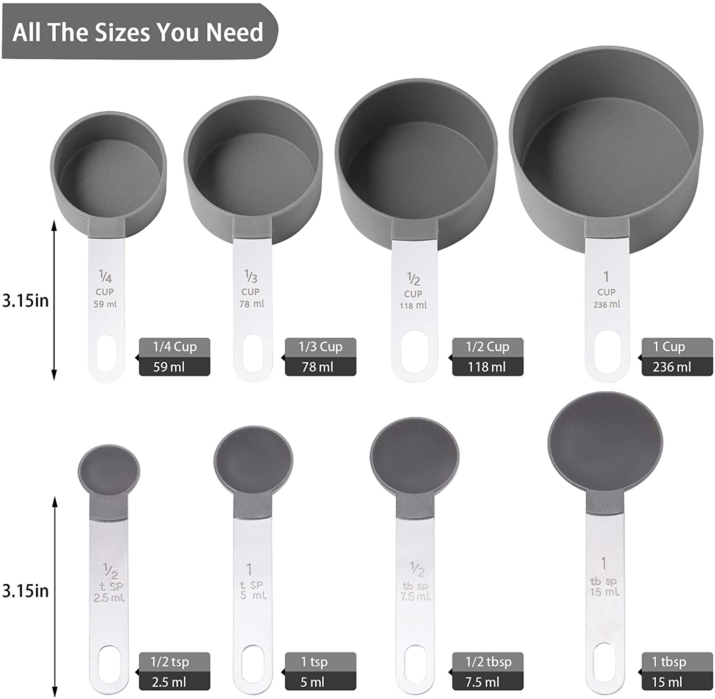 Measuring Cups and Spoons Set of Huygens Kitchen Gadgets 8 Pieces, Stackable Stainless Steel Handle Measuring Cups for Measuring Dry and Liquid Ingredient (Gray)